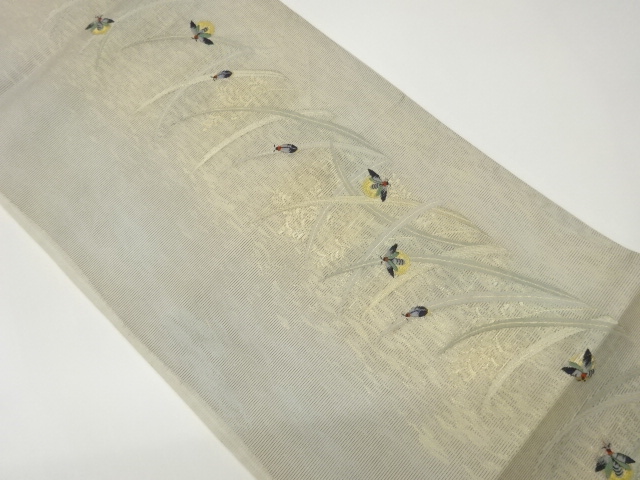 Gauze, firefly and grass-leaf patterned woven sack obi